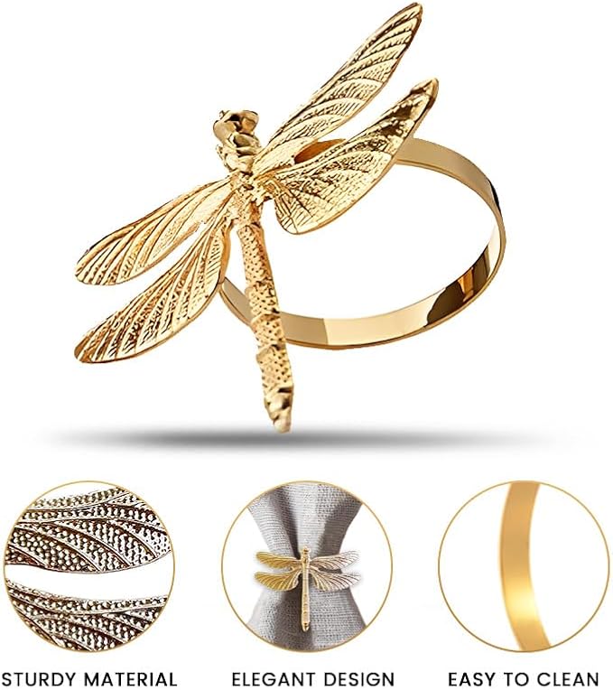 Decozen Set of 4 Gold Napkin Rings in Dragonfly Design Festive Table Decor Setting for Holiday Wedding, Birthday, Kitchen, Home Decor Housewarming Gift - Mothers Day Decorations