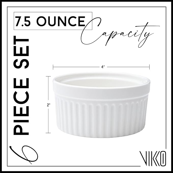 Vikko White Ramekin, Set of 6 Fine Porcelain Ramekins, Stackable 4 Inch Bowls, 7 Ounce Dips Dish, Dishwasher Safe