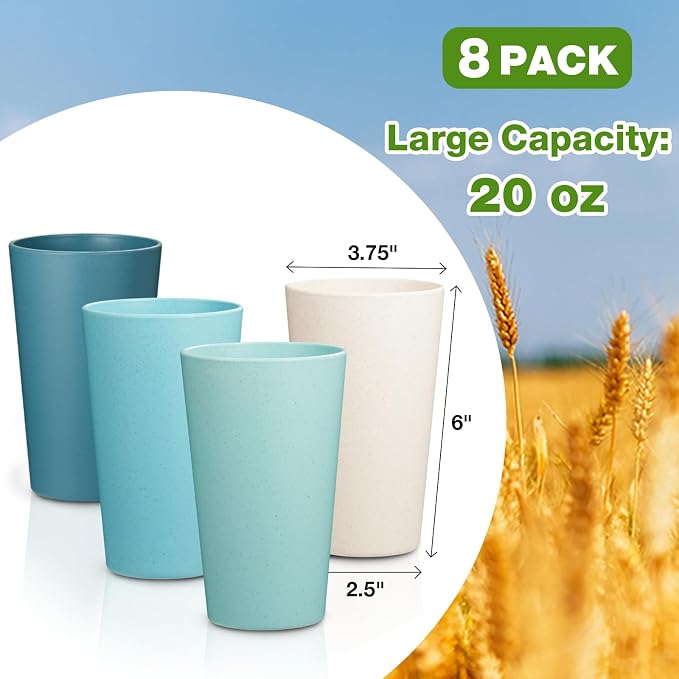 Hlukana Wheat Straw Cups Set of 8, 20 oz Unbreakable Drinking, Chip Resistant - Image 4