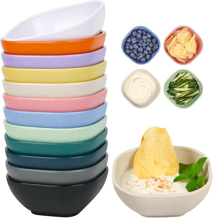12 Pack Small Bowls, 4.5 OZ Assorted Colors Dipping Sauce Cups, Wheat Straw,Unbreakable,Plastic Prep for Side Dishes, Dessert, Snacks