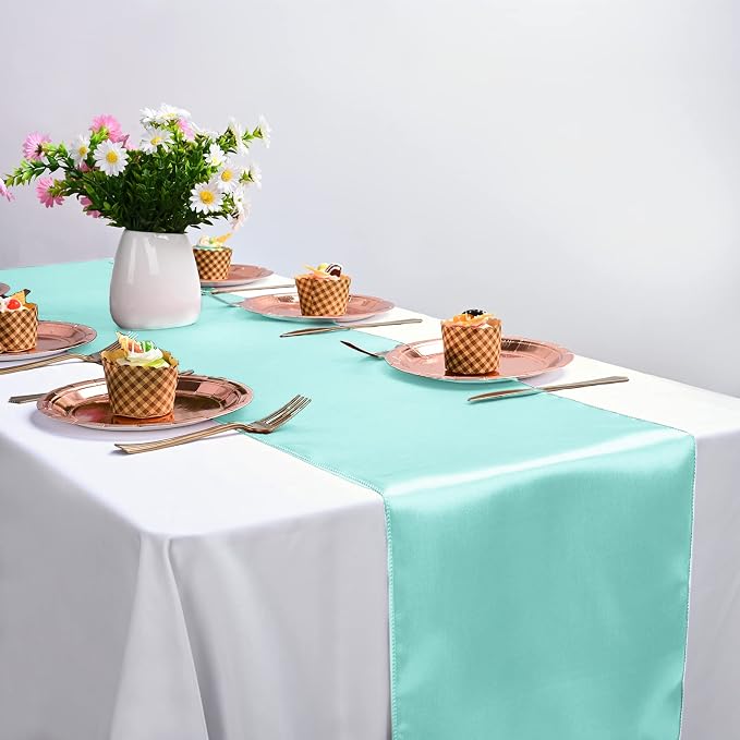 10-Pack Aqua 12 x 108 inches Long Premium Satin Table Runner | Wedding - Image 5