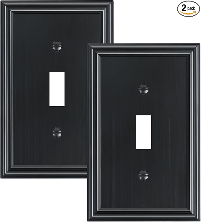 2-Pack Single Toggle Light Switch Cover Plate, Durable Solid Zinc Alloy Decorative Switch Plate Covers, Black 1 Gang Wall Plate, Corrosion Resistant