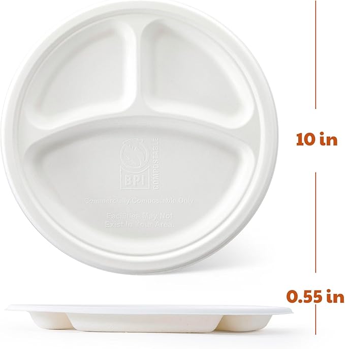 Compostable 3-Compartment Paper Plates, 125 Count, 10 Inch, Heavy Duty Disposable Divided Lunch Trays, Biodegradable Bagasse Sectional Plates for Buffet, Parties, Events & Daily Use, (White)