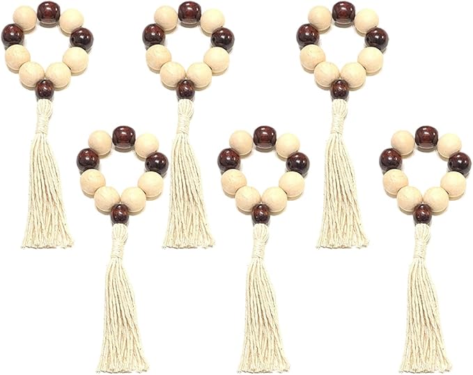 Napkin Rings Set of 6 - Wooden Beads Napkin Rings | Rustic Wooden Napkin Ring Holder for Table Decoration | Handmade LEBEJUA Napkin Ring with Wood Beads & Tassels - Farmhouse Napkin Holder Boho Style