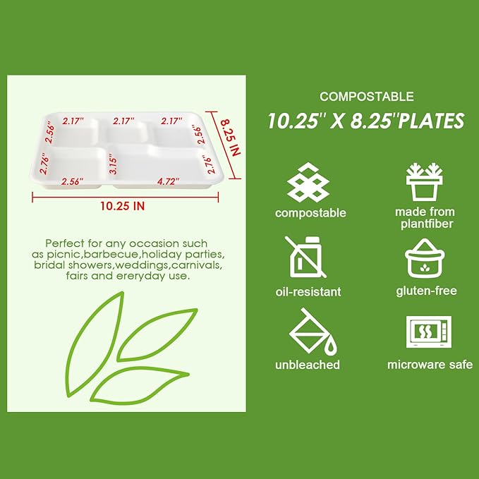 Vplus 100% Compostable 5 Compartment Plates 125 Pack Eco-Friendly Disposable Sugarcane 10 x 8 inch Bagasse School Lunch Tray Perfect for Boys and Girls