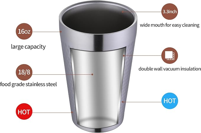 BEFOY Pint Cup - 16oz Double Layer Cup Wall Stainless Steel Unbreakable Hot & - Image 4
