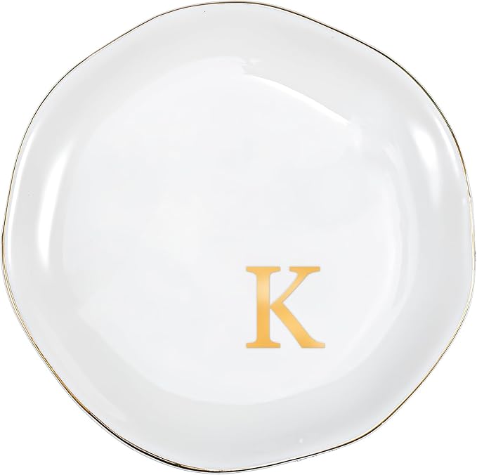 ProCase Ceramic Jewelry Tray, Initial Ring Dish Trinket Plate Engagement Gift, Small Personalized Monogram Ring Bowl for Wedding, White Decorative Jewelry Holder for Women Vanity -Letter K
