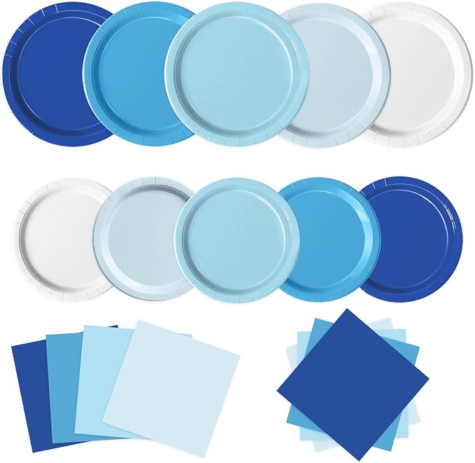 60 PCS Blue Paper Plates, Light Blue Plates and Napkins Party Supplies by Oigco