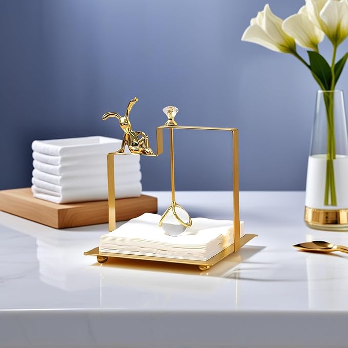 Bunny Napkin Holder for Tabletop, Decorative Square Plastic Rabbit Paper Towel Dispenser - Compact for Kitchen Counter, Home Bar, Farmhouse & Restaurant Table Decor (Silver)