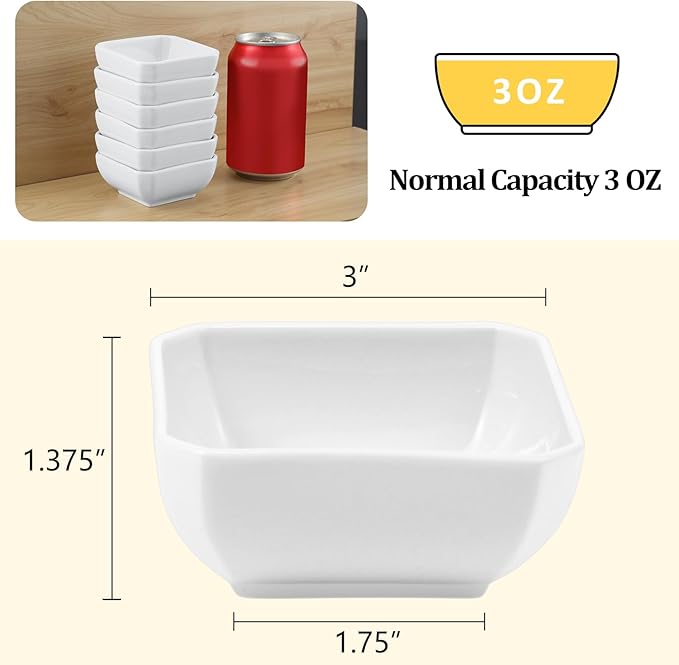 Yedio 3 Oz Square Dip Bowls Set of 6, White Ceramic Dipping Sauce Dishes, Mini Condiment Bowls for Soy Sauce, Sushi, BBQ, Ketchup, Vinegar, Party & Daily Use