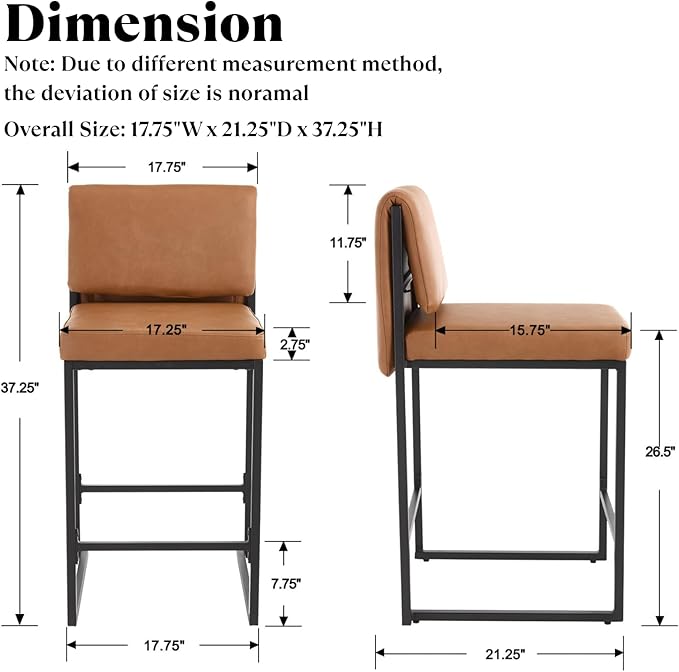 Modern Barstools Set of 4, 26” Upholstered Counter Height Bar Stools PU Leather Fabric Counter Stools with Padded Back Metal Frame for Kitchen Island Dining Room, Brown