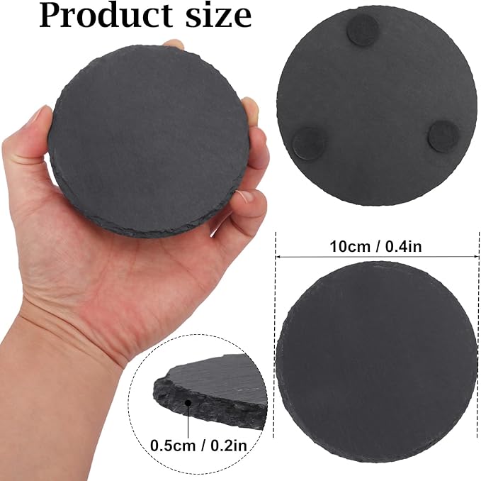 50 Pack 4 Inch Round Slate Coasters for Drinks, Black Stone Coasters with Anti-Scratch Bottom, Ideal for Home Decor, Bar, Housewarming Gifts, and Laser Engraving KUKLIPJIM