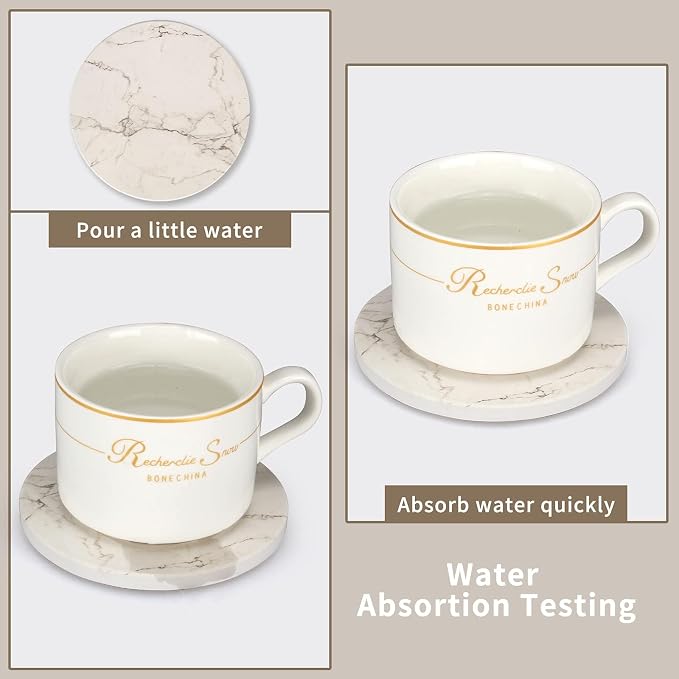White Marble Coasters Set of 6 Absorbent Ceramic Cute Drink Coaster Holder | - Image 4