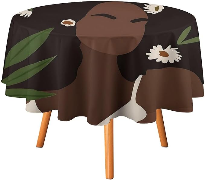 Bohemian Retro Mid Century Round Tablecloth, African Woman Girl Leaves Flower Tablecloth for Home Party Dining Room Kitchen Decor 70Inch(178cm)