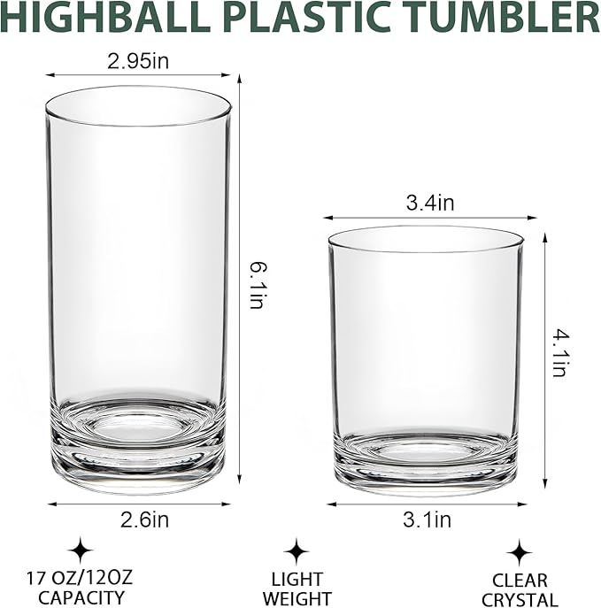 RLWY Acrylic Plastic Drinking Glasses Set of 12 - Unbreakable Tumblers - BPA-Free - Dishwasher-Safe - 6x12oz Lowball & 6x17oz Highball