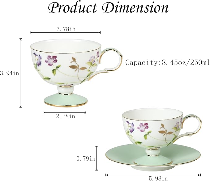 KAMMAK Tea Cups Set of 2, Ceramic Floral Pattern Demitasse Cup | Porcelain - Image 2