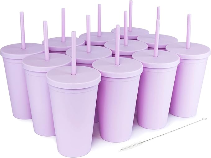 STRATA CUPS 16 Oz Tumbler with Lid and Straw (12 pack) - Pastel Lilac Colored Cups, Double Wall Matte Acrylic Tumblers with Lids and Straws Cleaner! Vinyl Customizable DIY Gifts for Event and Parties