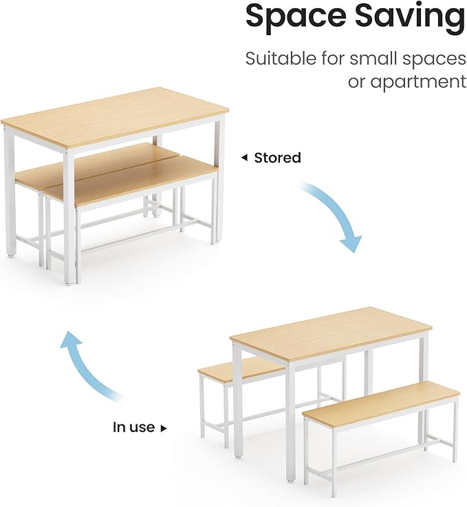 Dining Table Set for 4, Wooden Kitchen Table and 2 Benches Set with Metal Frame, Rectangular Dining Room Table Set for Small Space, Living Room, Apartment, Breakfast Nook, 43.3" L x 23.6" W x 29.9" H