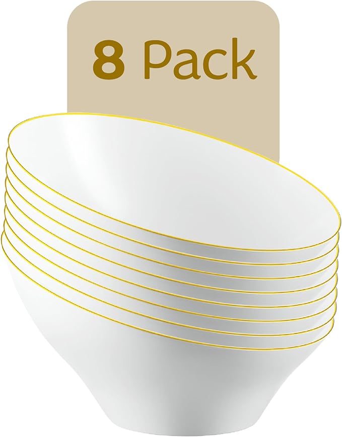 PLASTICPRO Angled Plastic Bowls Disposable Small Plastic White Serving Bowls with Gold Rim for Party for Appetizer Salads Pack of 8