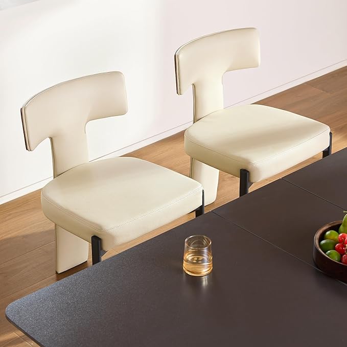 Beige Dining Chairs Set of 4,Faux Leather Dining Chairs with Soft Cushion,Comfortable Upholstered Armless Dining Room Chairs with Curved Plywood Back