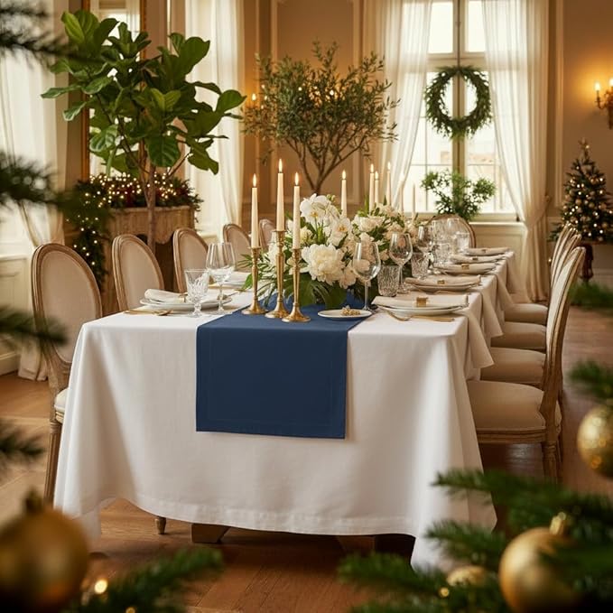 D'Moksha Homes Linen Navy Blue Table Runner 132 Inches Long - 100% Pure Linen Extra Long Table Runner 14 x 132 Inch for Easter - Machine Washable
