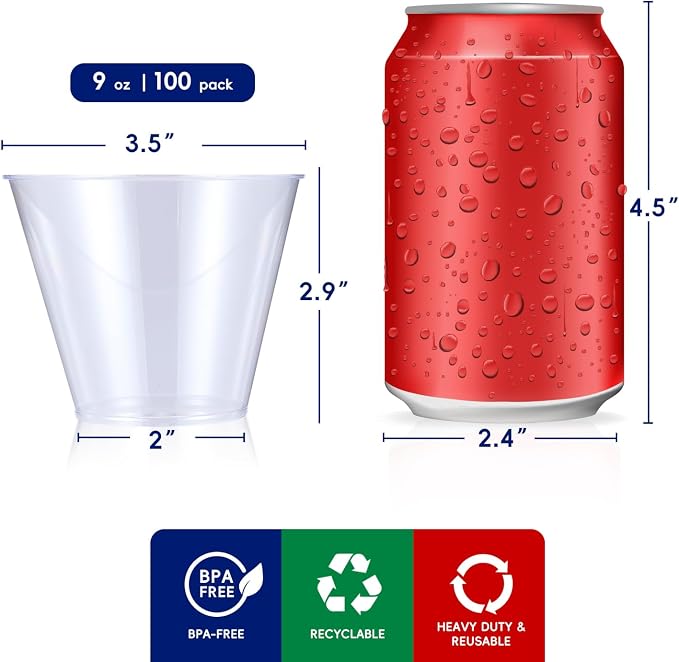JOLLY CHEF 9 oz Clear Disposable Plastic Cups, 100 Pack Clear Plastic Cups - Image 2