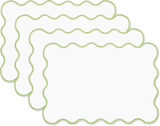 Hofdeco Premium Coastal Patio Indoor Outdoor Placemat Set of 4, 14"x19" Double-Layered, Waterproof Cloth Placemat for Kitchen or Dining Table. Green Embroidered Solid A