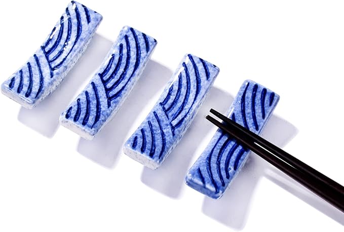 Porcelain Chopstick Holder Set of 4, 2.8" Wave Motif Spoon Fork Stands | by BOSILI
