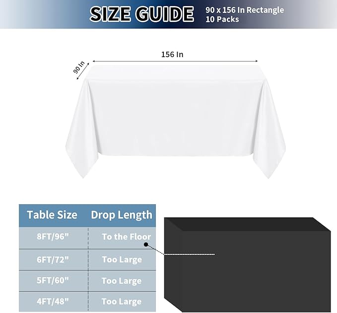 PureFit 10 Pack Rectangle White Table Cloths 90 x 156 Inch for 8Ft Tables, Stain and Wrinkle Resistant Table Linens for Home Use, Wedding, Party, Banquet and Camping