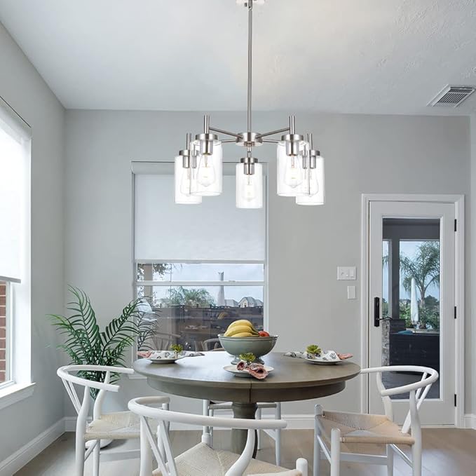 VINLUZ Contemporary 5 Light Large Chandeliers Modern Clear Glass Shades Pendant Lighting Brushed Polished Nickel Dining Room Lighting Fixtures Hanging Adjustable Wire Semi Flush Ceiling Lights