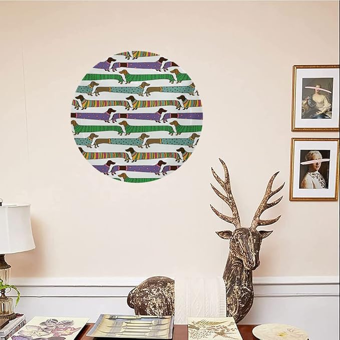 Ceramic Plates, Dog Lover Decorative Ceramic Plates, Cartoon Style Dachshunds Dressed in Pyjamas Chevron, 8 Inch, for Dining, Parties, Wedding, Multicolor