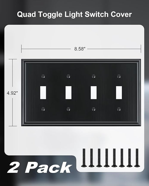 2-Pack Quad Toggle Light Switch Cover Plate, Durable Zinc Alloy Decorative Switch Plate Covers, Black 4 Gang Wall Plate for Toggle Light Switch and Rotary Dimmer Switch