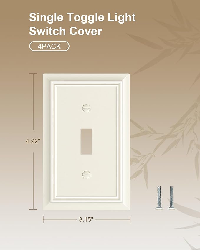 4-Pack Single Toggle Light Switch Cover Plate, Durable Natural Bamboo Fiber Decorative Switch Plate Covers, Light Almond 1 Gang Wall Plate, Corrosion Resistant