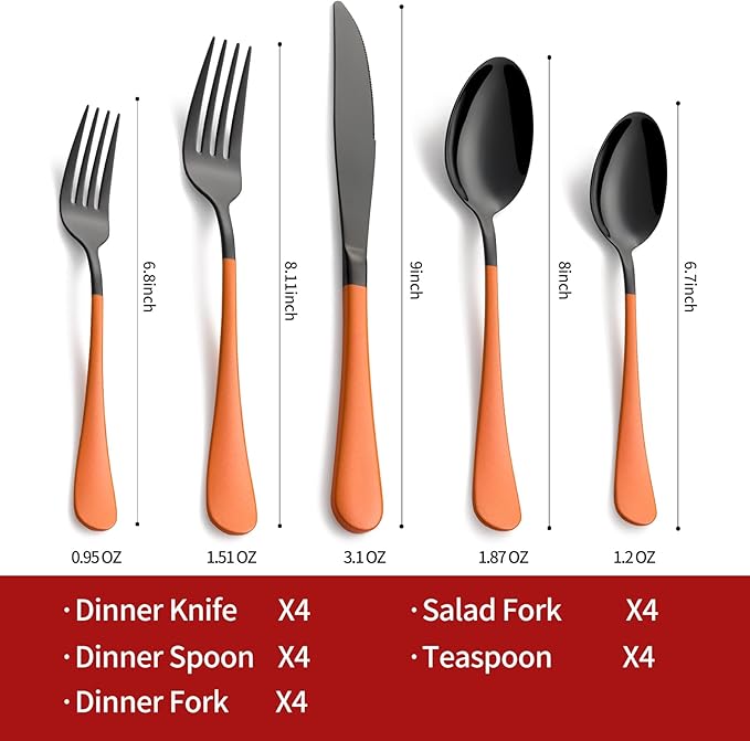 20-Piece Pink and Black Stainless Steel Silverware Set - Dinner Knives, Forks, Spoons - Dishwasher Safe
