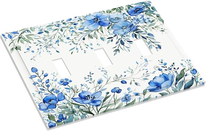 Light Switch Cover Blue Watercolor Flowers Retro Floral Leaves 3 Gang Wall Plate Triple Light Switch Plate Toggle Decorative Outlet Covers Electrical Switchplate for Bathroom Bedroom Decor