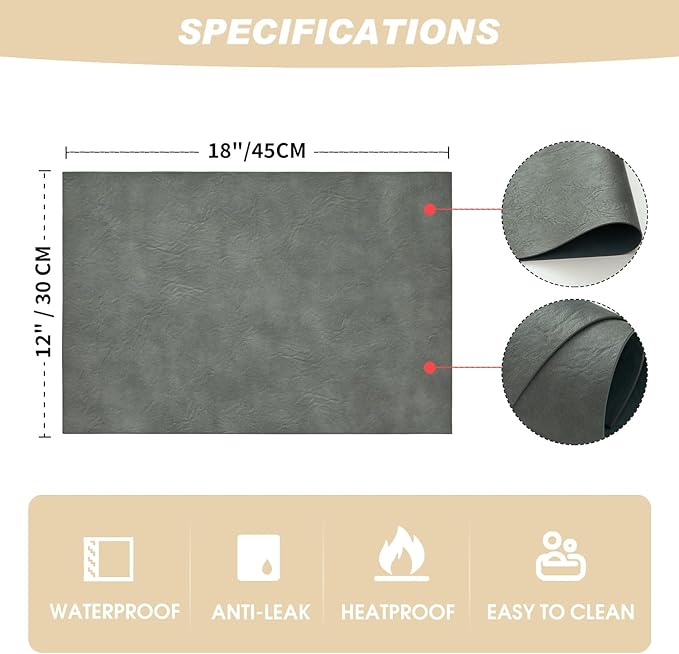 Artoid Mode Grey Faux Leather Placemats Set of 4, 12x18 Inch Waterproof Wipeable Heat Resistant Vinyl Place Mats, Reversible Table Mats for Winter Kitchen Dining Decor