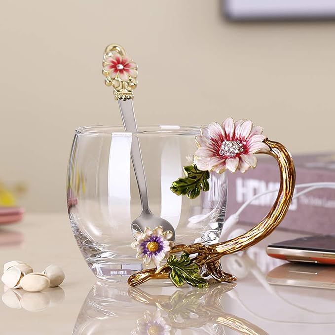 Enamel Sunflower Crystal Lead-Free Glass Tea Cup by JY-Danbady
