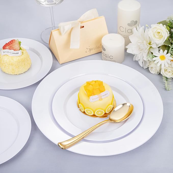 FLOWERCAT 200PCS White Plastic Plates Disposable Plates for Party - Heavy Duty Plastic Plates - 100 10" Dinner Plates and 100 7" Salad Plates for Wedding & New Year Parties and Events