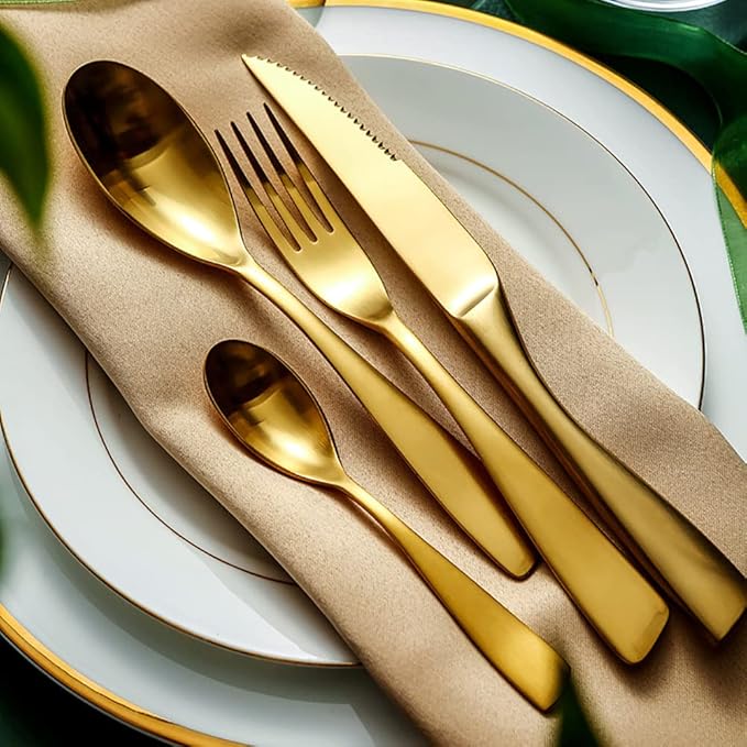 64 Piece Gold Silverware Set for 16,Modern Unique 18/10 Stainless Steel Flatware Cutlery Set, Eating Tableware Set,Vintage Luxury Style Cutlery Set for Home Restaurant Wedding Party