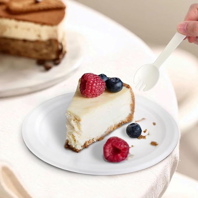 200PCS (100Sets) Biodegradable Paper Plates Set, (100PCS 6" Dessert Plates and 100PCS Forks/Sporks), Compostable Appetize Plate, Disposable Cake Plate, Perfect for Birthday Party
