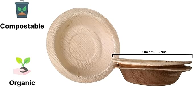 Harshu Areca Round Flatware - 20 Pack, Biodegradable Palm Leaf Plates, Eco-Friendly Disposable Tableware for Parties, Events, and Catering (Round Bowl, 5" (13cm) - 20 Pack)