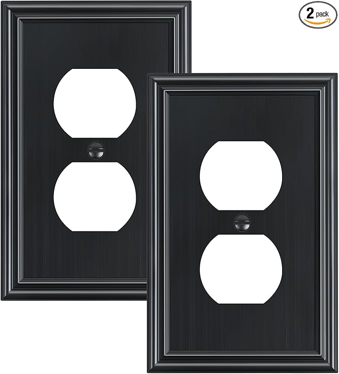2-Pack Single Duplex Outlet Cover Plate, Decorative Black Switch Plates and Outlet Covers, Metal Wall Plates for Electrical Outlets, 1 Gang Receptacle Cover, Corrosion Resistant
