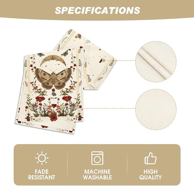 Artoid Mode Beige Poppy Moth Mushroom Moon Fall Table Runner, Seasonal Autumn - Image 5