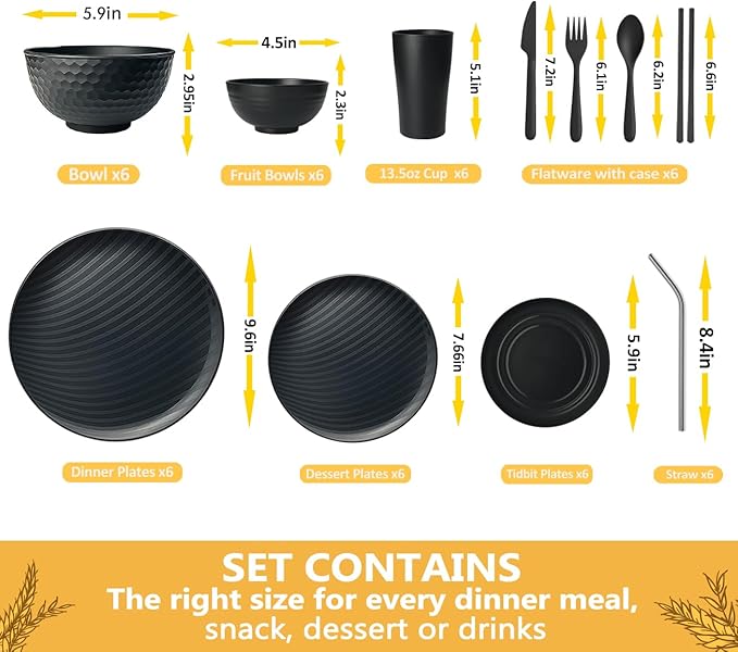 Teivio 66-Piece Kitchen Plastic Wheat Straw Dinnerware Sets for 6, Dinner Plates, Plates and Bowls Sets,Cups, Flatware, Dishwasher Safe, Unbreakable Apartment Outdoor Camping Dishes, Black