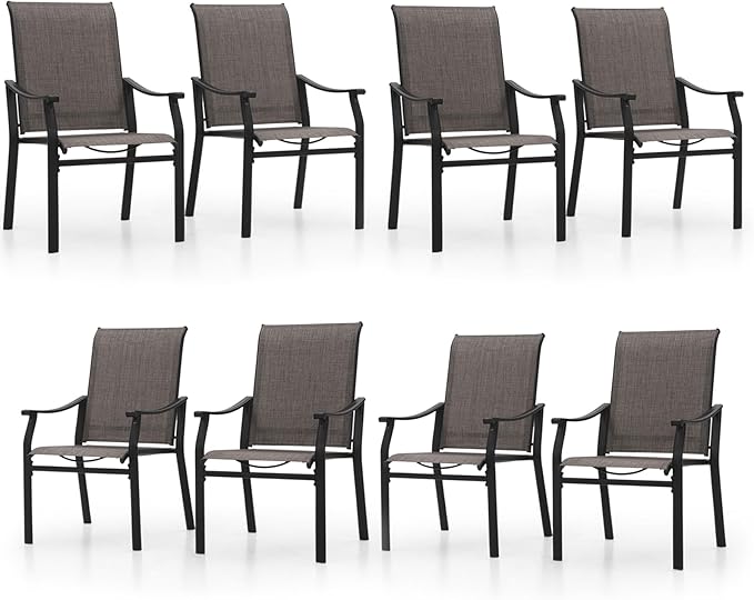 PHI VILLA Outdoor Dining Chairs Set of 8, Breathable Textilene Fabric and Metal Frame with Backrest and Armrest,Quick-Dry and Rustproof,Patio Chairs for Lawn,Garden