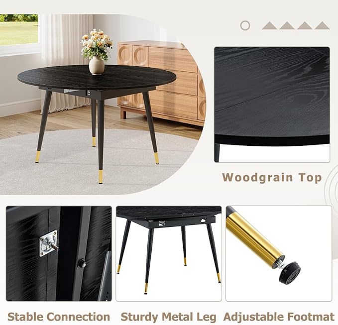 53” Round Dining Table Set for 6｜7 Piece Wood Dining Table Set｜Extendable Dining Room Table with 6 Chairs｜Black Wooden Tabletop with Metal Legs｜Easy Assembly｜Space Saving｜for Kitchen, Living Room