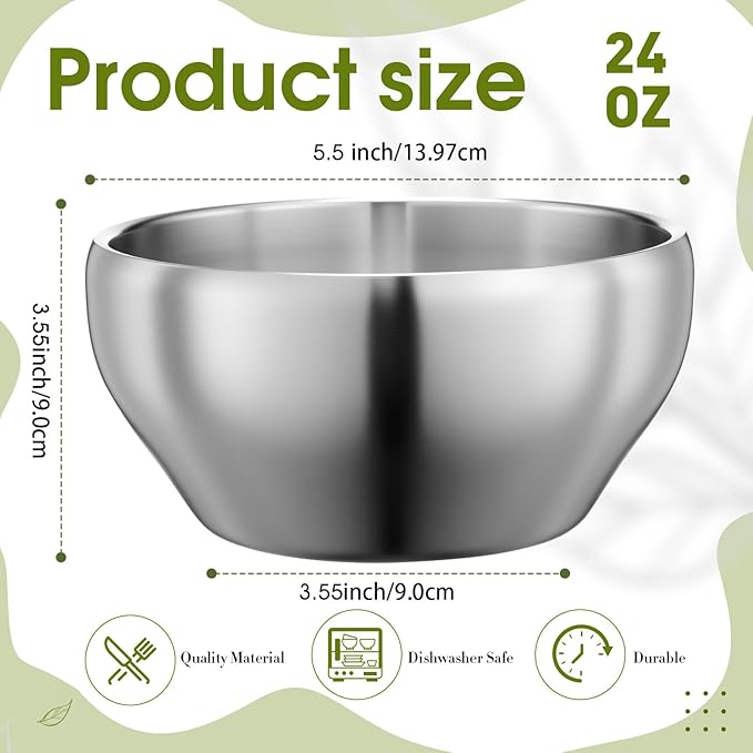 12 Pack Stainless Steel Bowls Bulk SUS304 Double Wall Insulated Bowls Matte Brushed Metal Soup Bowl for Rice Salad Noodle Snack Cereal Ice Cream Serving Mixing Prep(24 oz)