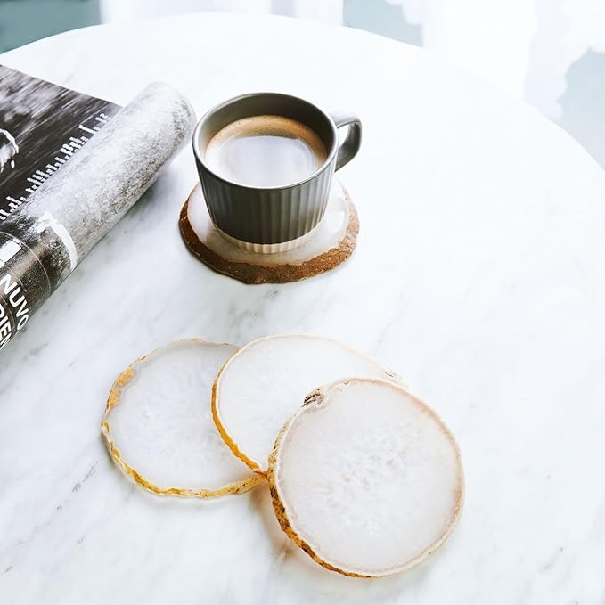 Luxury Lane Set of 4 Large Natural Brazilian Agate Slice Geode Rock Stone Drink Coasters with Wood Holder 4.3-4.7 inch Centerpiece Table Decoration, White