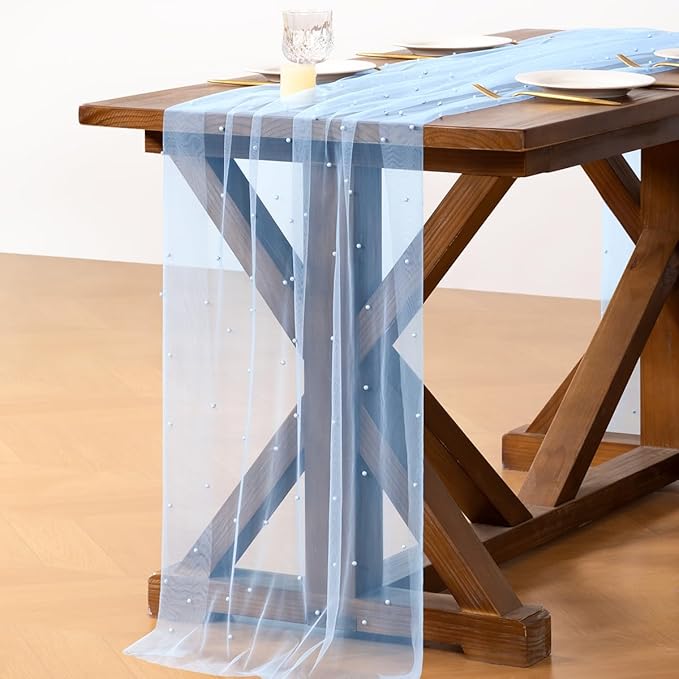 Pearl Table Runner Summer Tulle Gauze Sheer Wedding Party Home Decor | Blue - Image 4