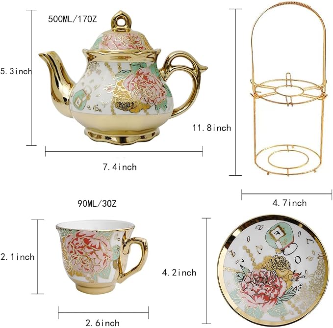 CHANJOON Gold Plated Red Rose Ceramic Tea Set, Vintage Tea Sets - Image 2